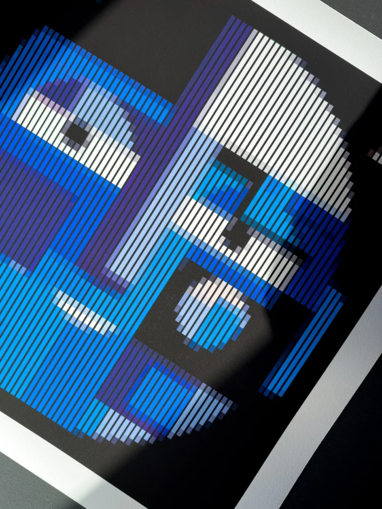 The Healer fine art print — circular blue and white face in sunlight with striped eyes and cheeks
