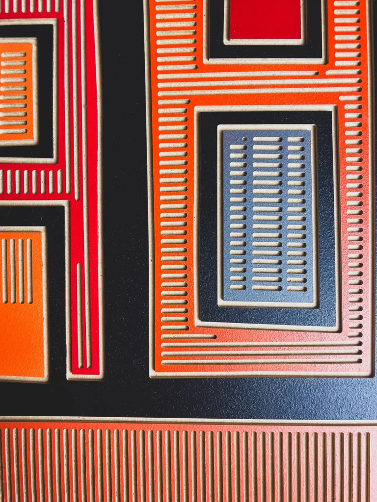 Butt Boy by Zolo Kis — close-up of rectangular orange, white and blue relief patterns