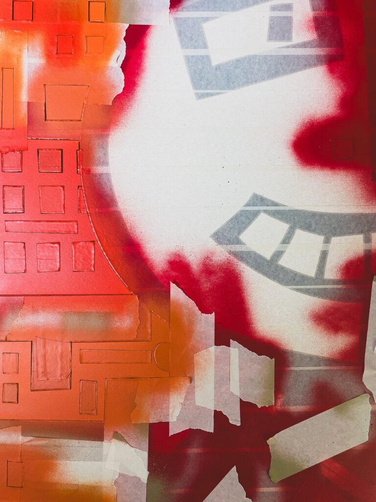 Backstabbed Boy by Zolo Kis — taped face shapes during the red and white painting stage