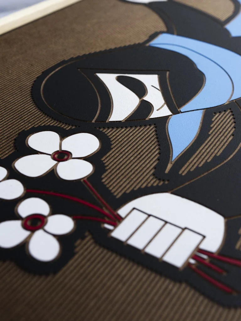 Tinder Ninja edition S by Zolo Kis — close-up of the masked face, blue scarf and white flowers