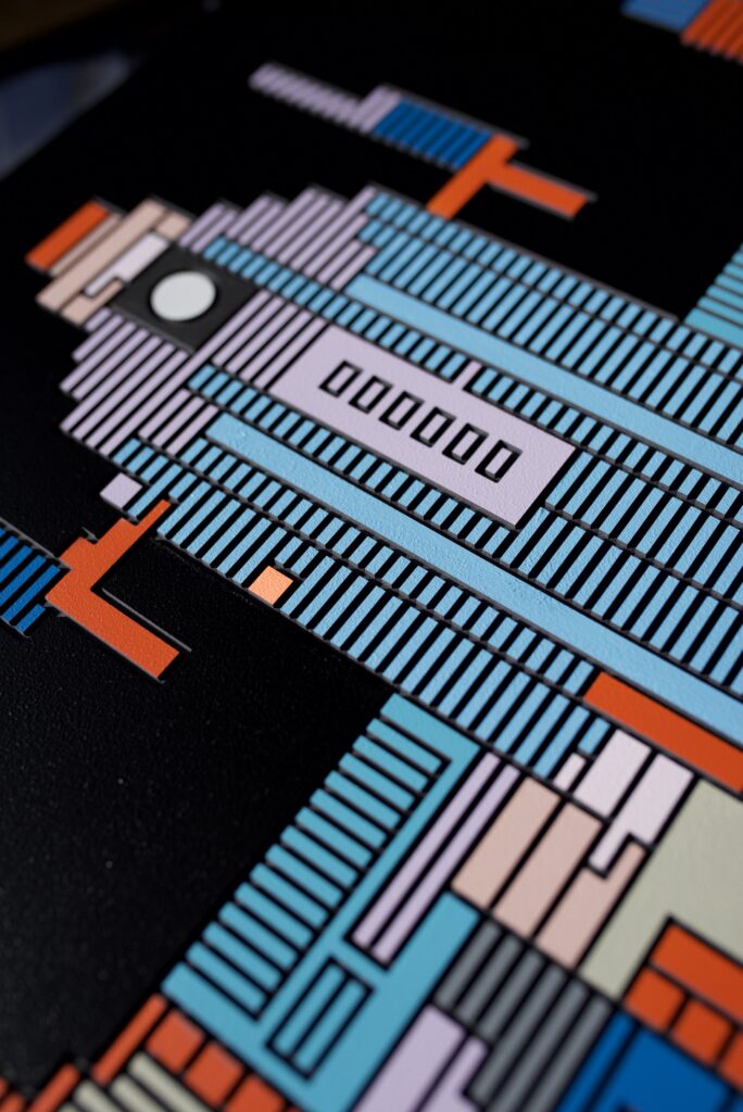 Zolo Kis artwork — detail of a spacecraft with pale rectangular windows and fine blue ridges