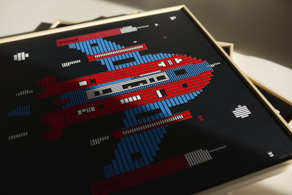 Zolo Kis artwork — the complete red and blue spacecraft artwork in its wooden frame