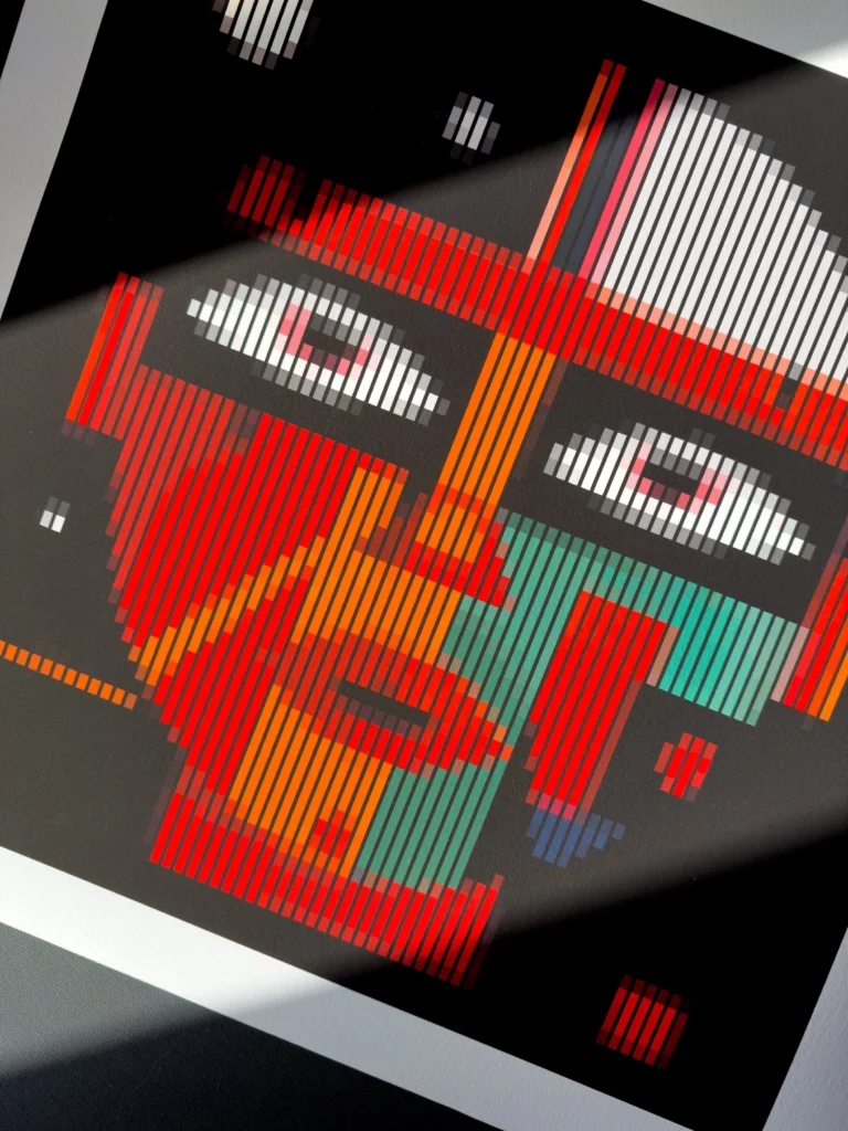 The Captain of the Spaceship fine art print — full face in red, orange and green, photographed at an angle