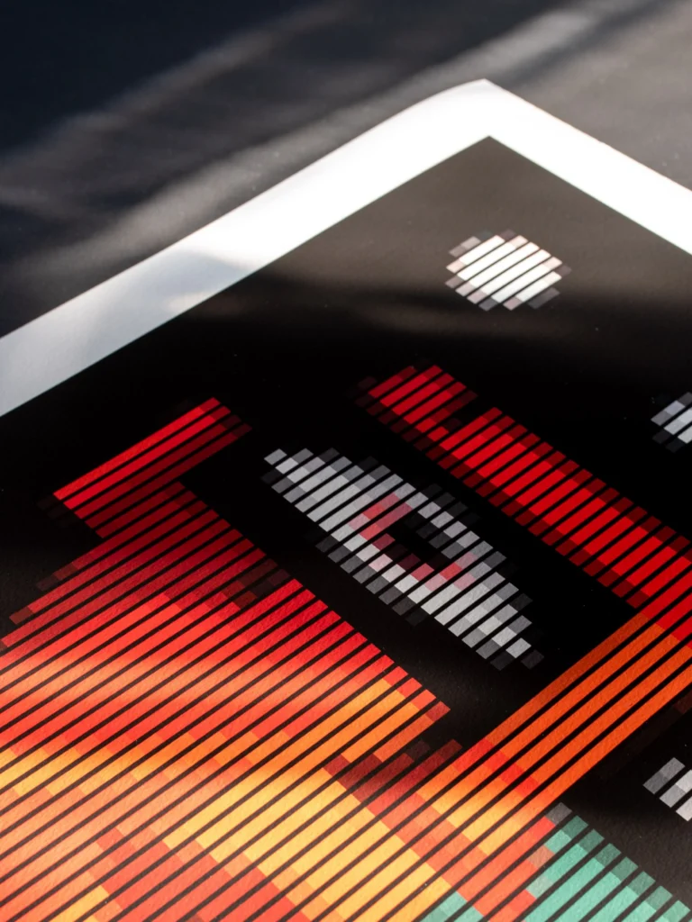 The Captain of the Spaceship fine art print — white mount and upper face with striped red and orange details