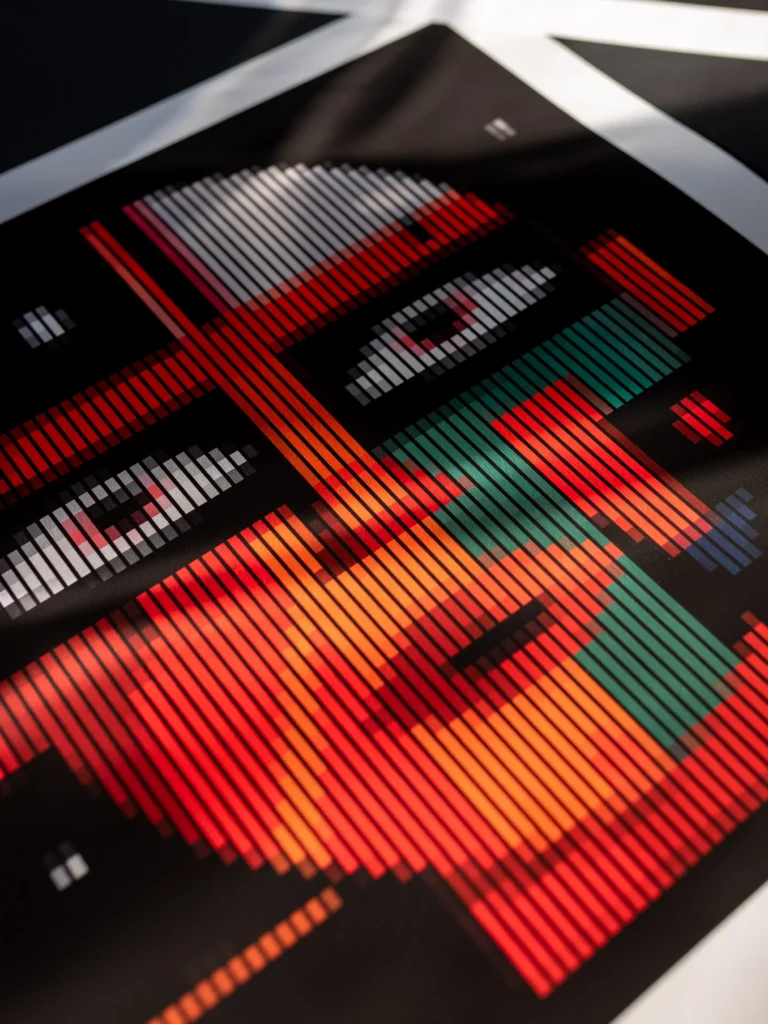 The Captain of the Spaceship fine art print — close-up of the eyes and red-orange face in angled sunlight