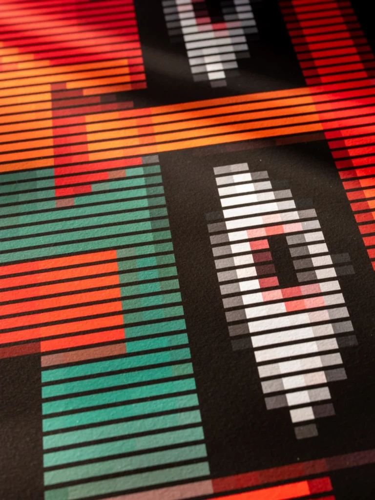 The Captain of the Spaceship fine art print — close-up of striped eye, red forehead and green cheek