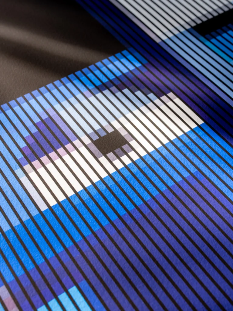 The Healer fine art print — close-up of a white eye and black pupil surrounded by blue stripes
