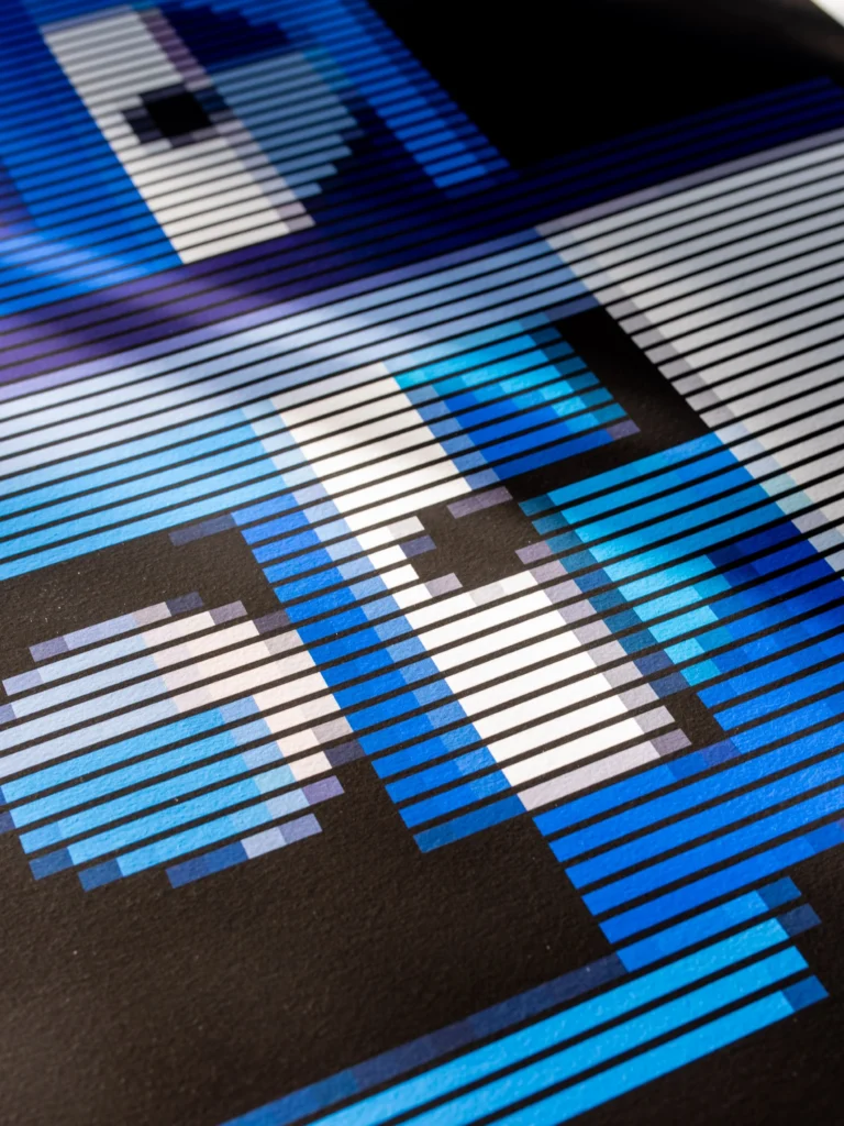 The Healer fine art print — close-up of blue stripes, white eye and circular pale cheek
