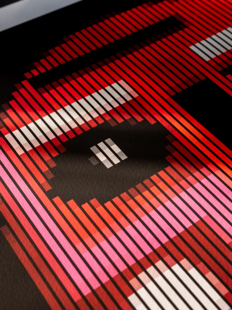 Starboy fine art print — close-up of a black eye surrounded by red and pale horizontal stripes