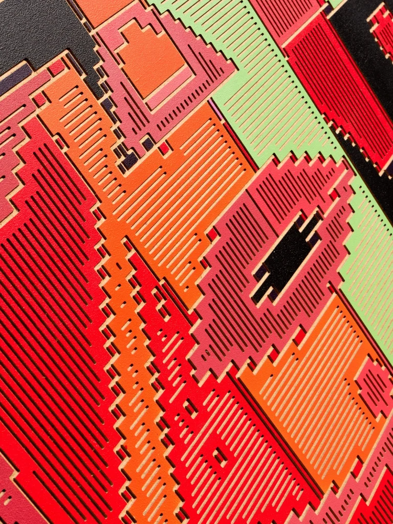 The Captain of the Spaceship by Zolo Kis — close-up of stepped orange, red and green relief shapes