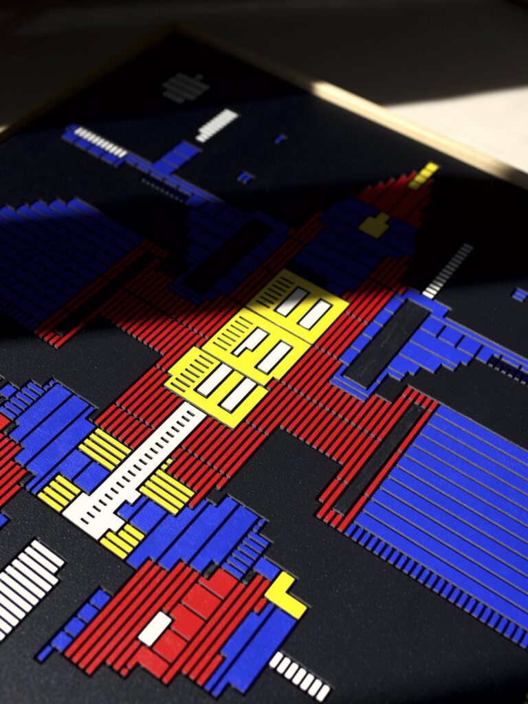 Zolo Kis artwork — low-angle view of the blue and red spacecraft with yellow details
