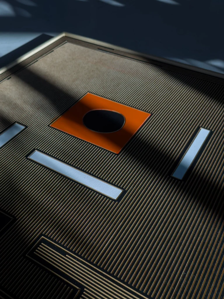 Mr.Dog - ZAK by Zolo Kis — close-up of the orange square, black circle and white relief lines