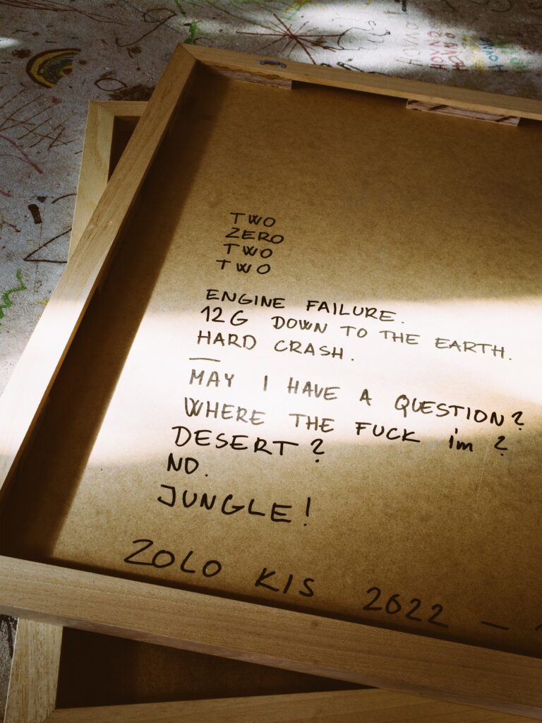 Backstabbed Boy by Zolo Kis — back of the wooden panel with handwritten text, title and signature