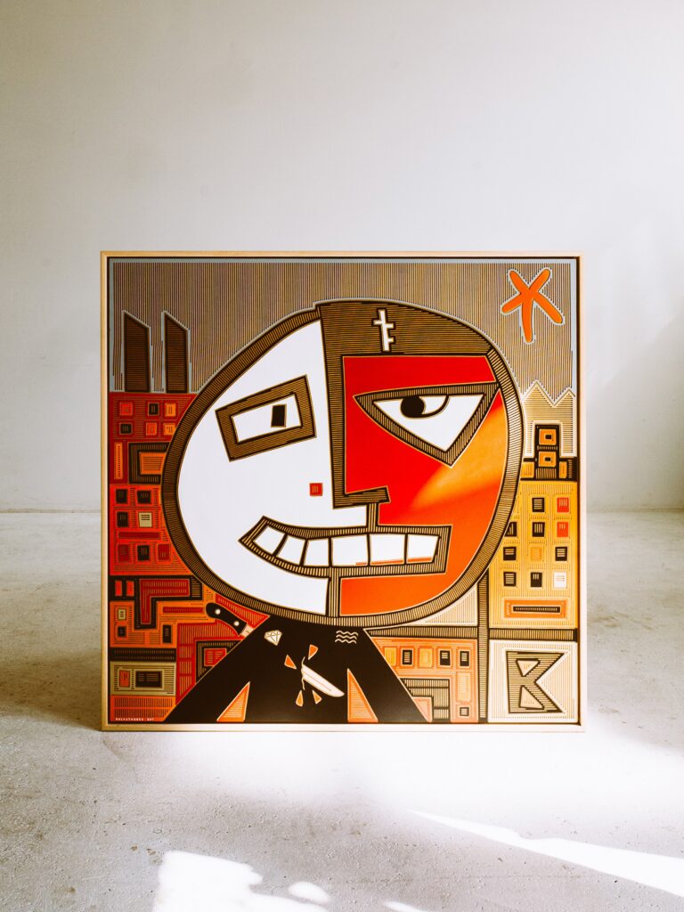 Backstabbed Boy by Zolo Kis — framed face split into red and white halves with an orange patterned background