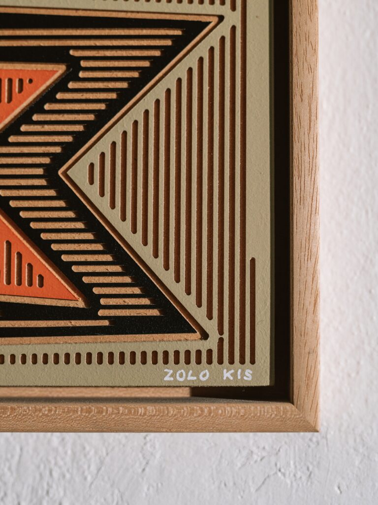 Backstabbed Boy by Zolo Kis — close-up of diagonal relief lines and the Zolo Kis signature by the frame
