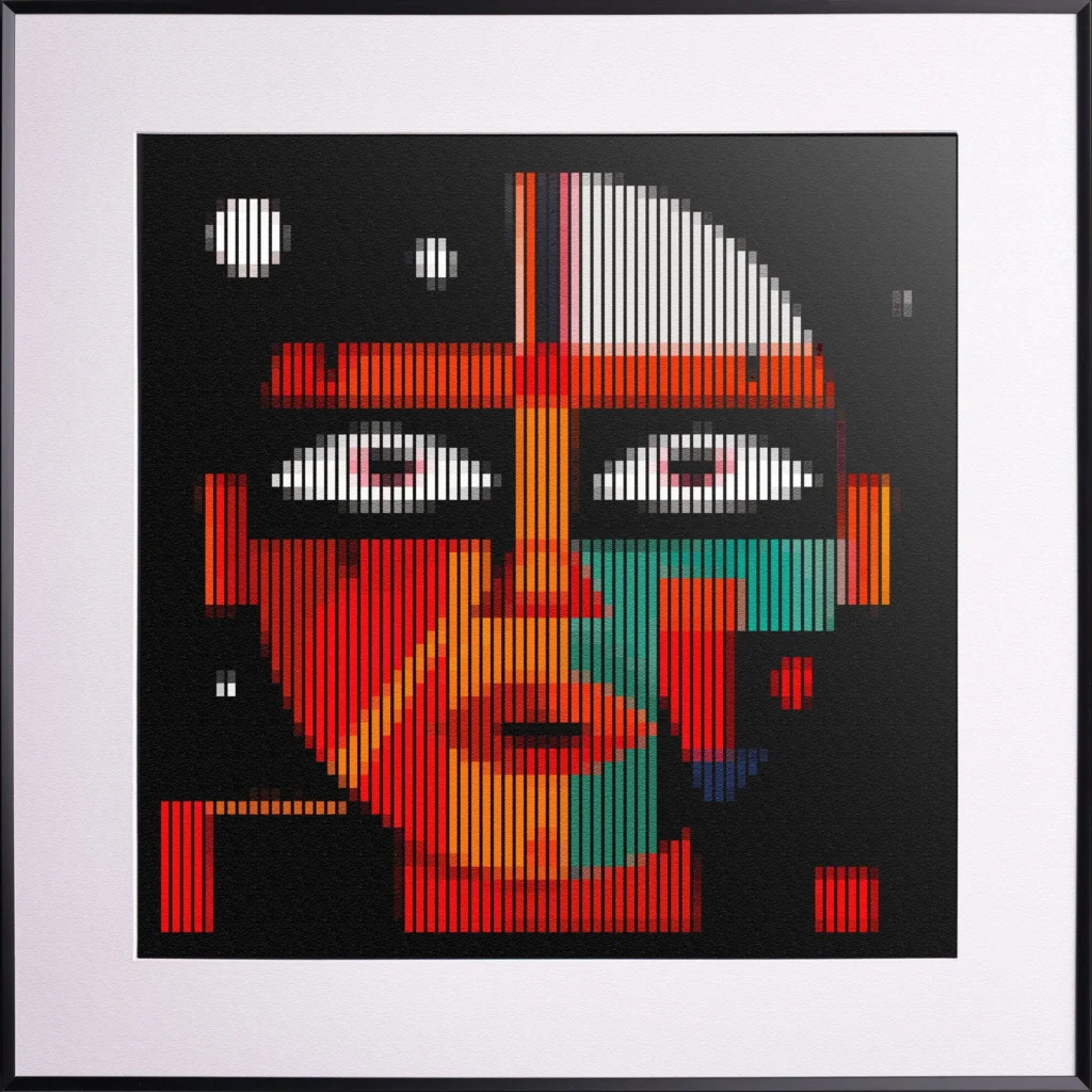 The Captain of the Spaceship by Zolo Kis — red, orange and green face, fine art print in a black frame with white mount
