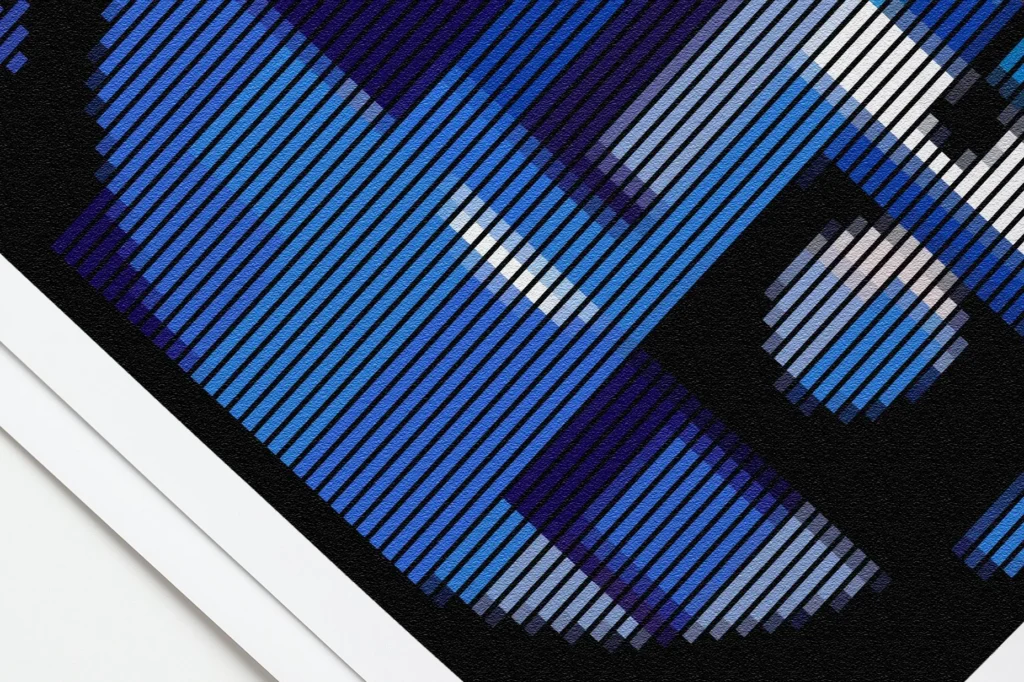 The Healer fine art print — close-up of blue and white stripes on textured fine art paper