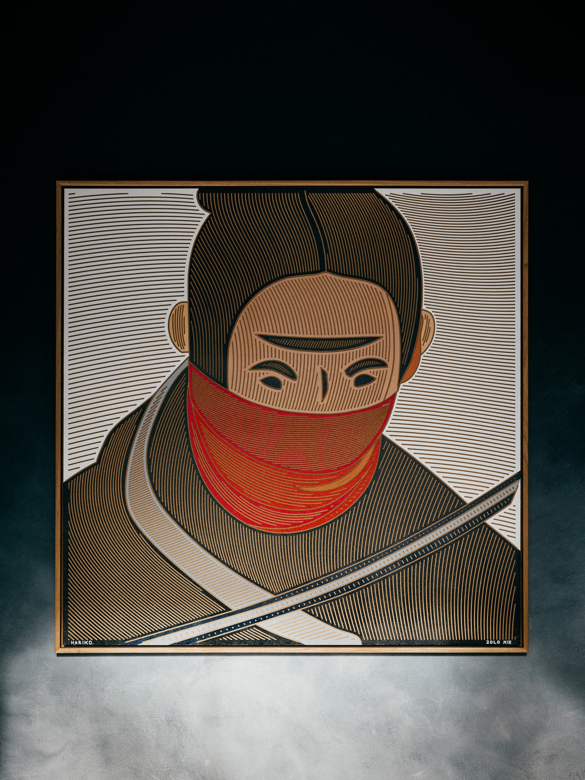 Hariko by Zolo Kis — framed warrior with tied dark hair, a red face covering and crossed blades