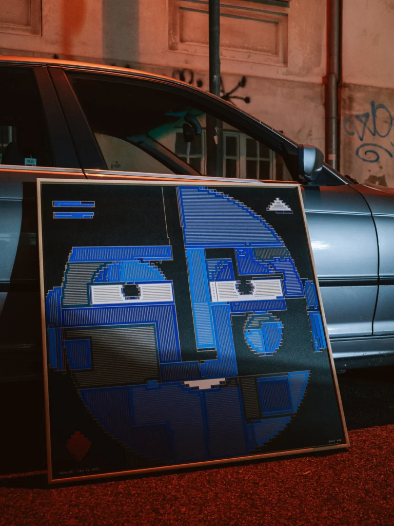 The Healer original artwork by Zolo Kis — framed blue face leaning against a car at night
