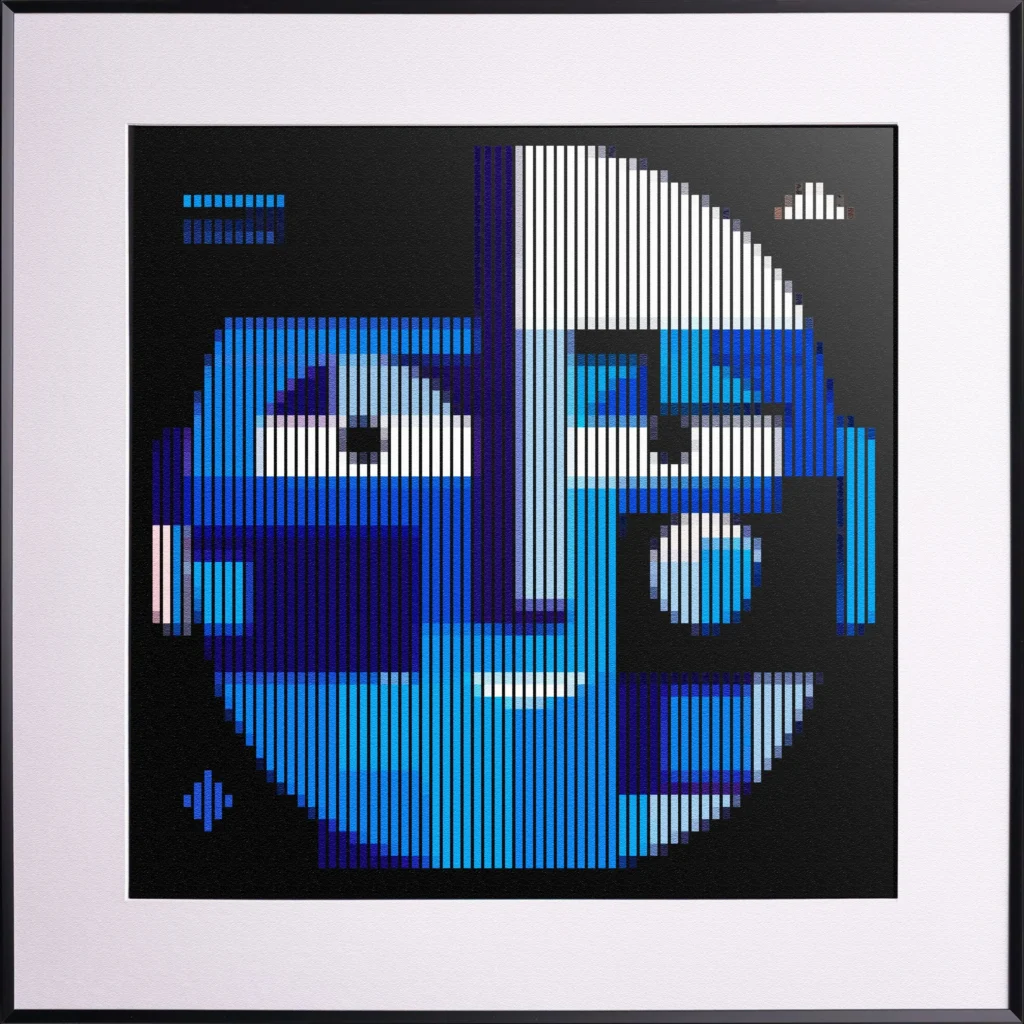 The Healer by Zolo Kis — circular blue and white face, fine art print in a black frame with white mount