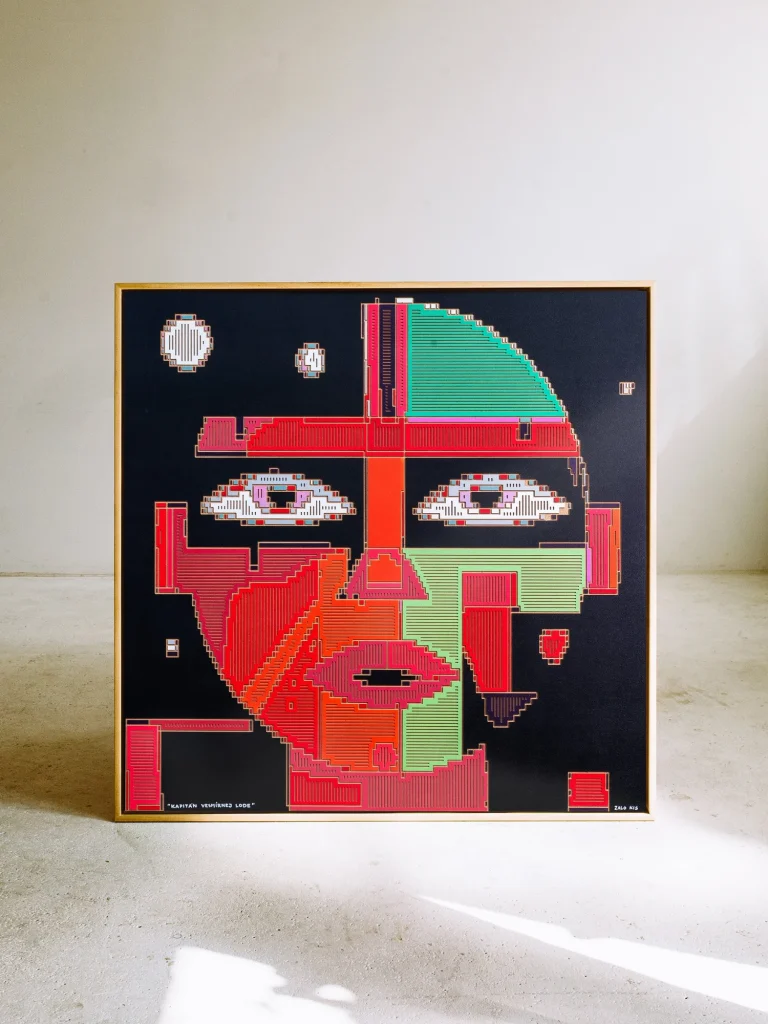 The Captain of the Spaceship by Zolo Kis — framed red and green face with eyes against a black background