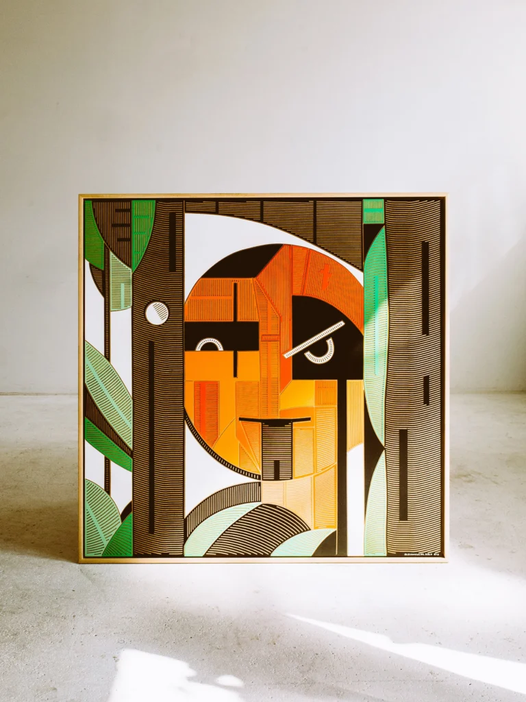 Oldschooler by Zolo Kis — framed orange and black face surrounded by green and pale shapes