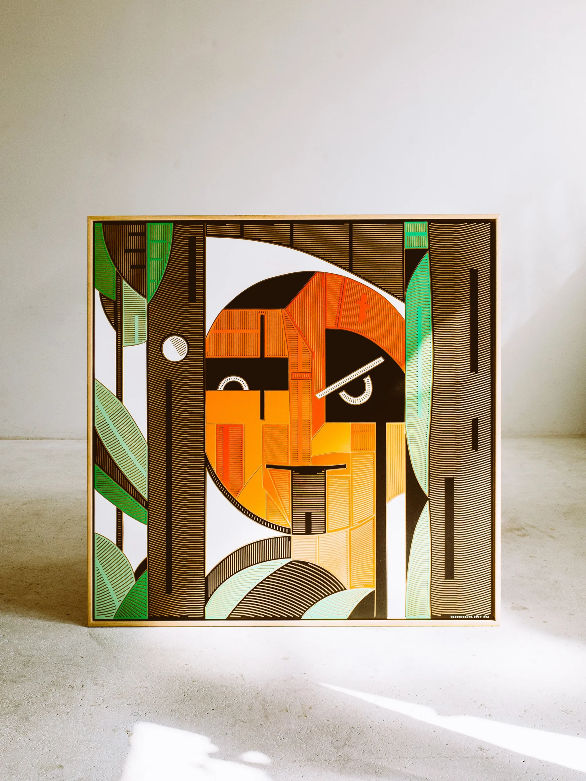 Oldschooler by Zolo Kis — framed orange and black face surrounded by green and pale shapes