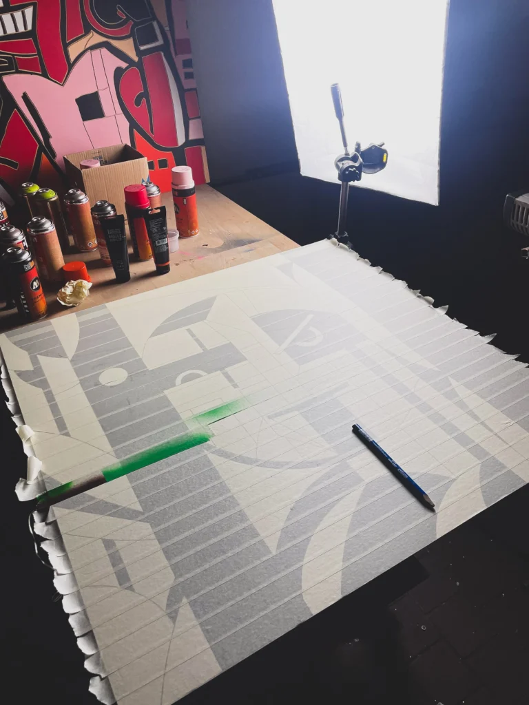 Oldschooler by Zolo Kis — masked panel prepared for painting on a studio worktable