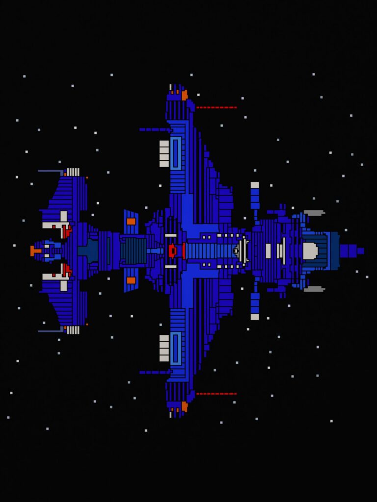 A blue spaceship drawn in blue, purple and white on black paper, with small white stars
