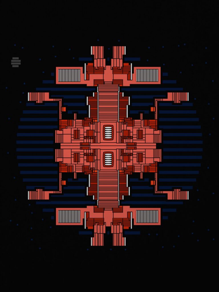 A symmetrical coral-red space station drawn on black paper over blue horizontal stripes, with small white stars