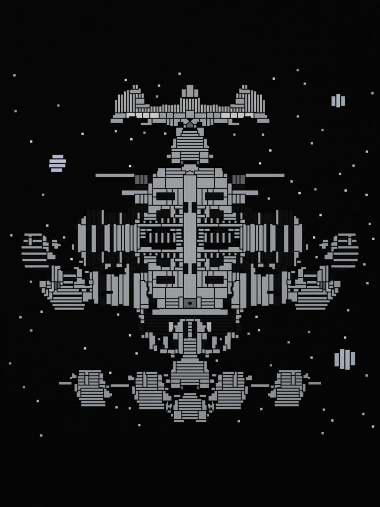 A grey and white space station drawn on black paper, with small white stars