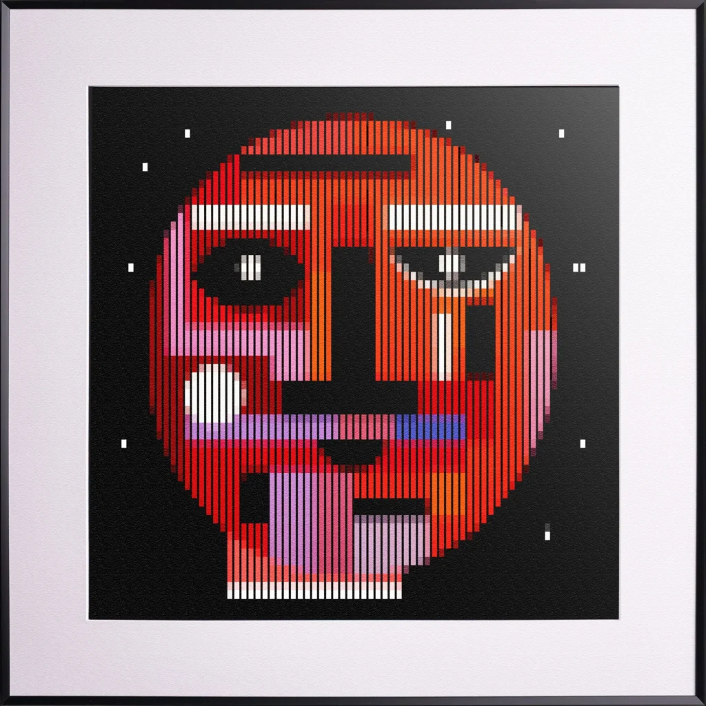 Starboy by Zolo Kis — circular red, purple and orange face, fine art print in a black frame with white mount