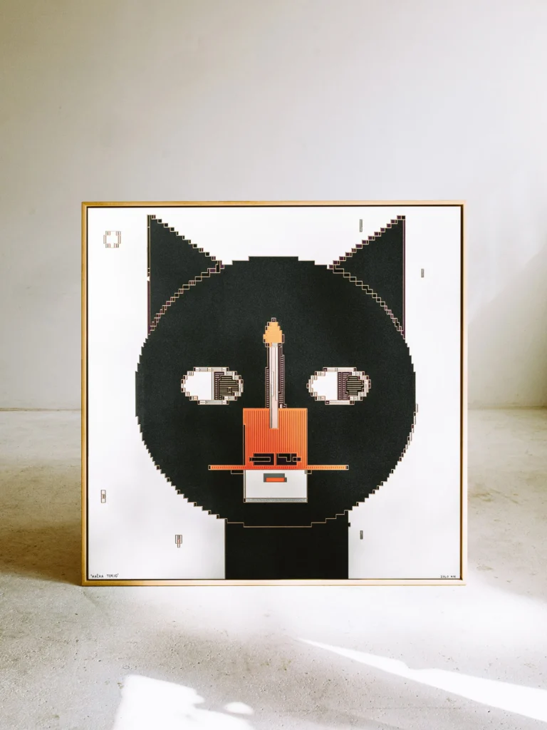 The Cat - Tokio by Zolo Kis — framed black cat face with pale eyes and an orange nose on a white background