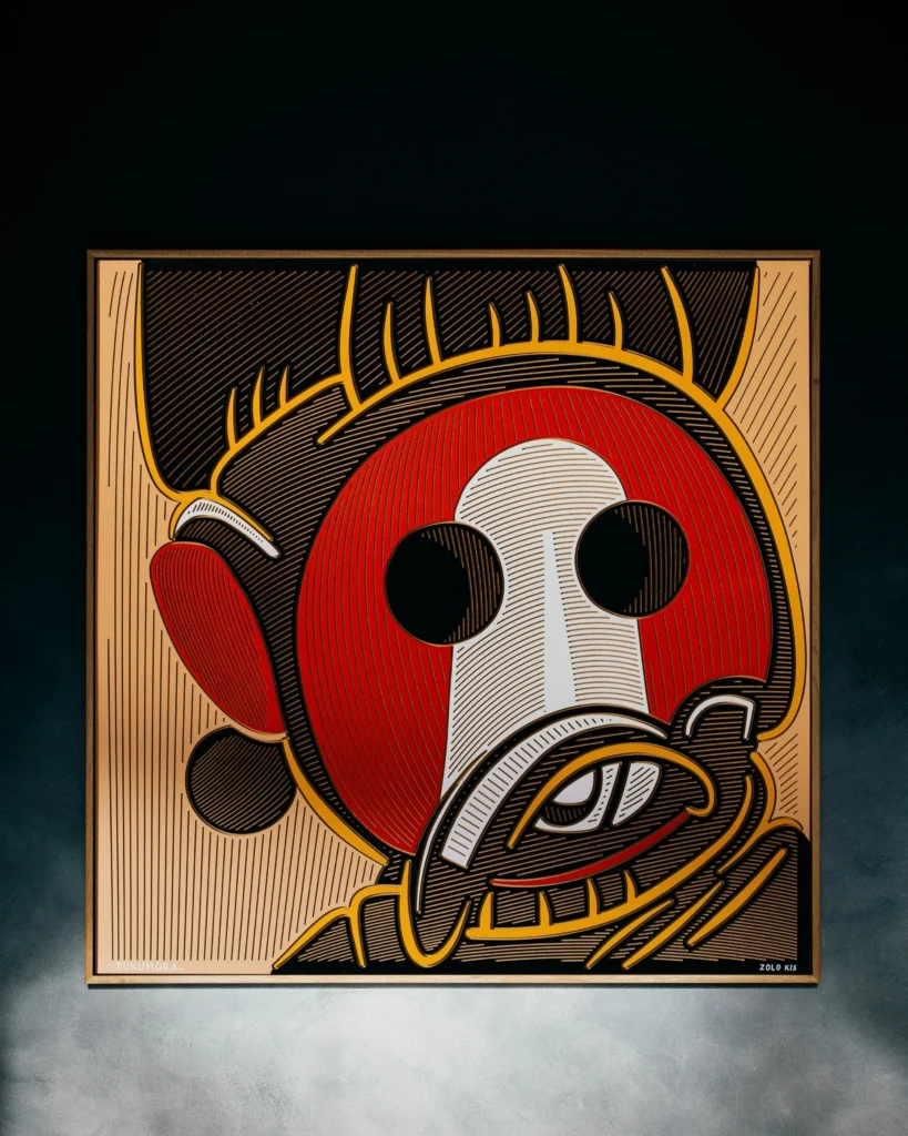Tukumora by Zolo Kis — the complete framed warrior portrait displayed on a dark wall