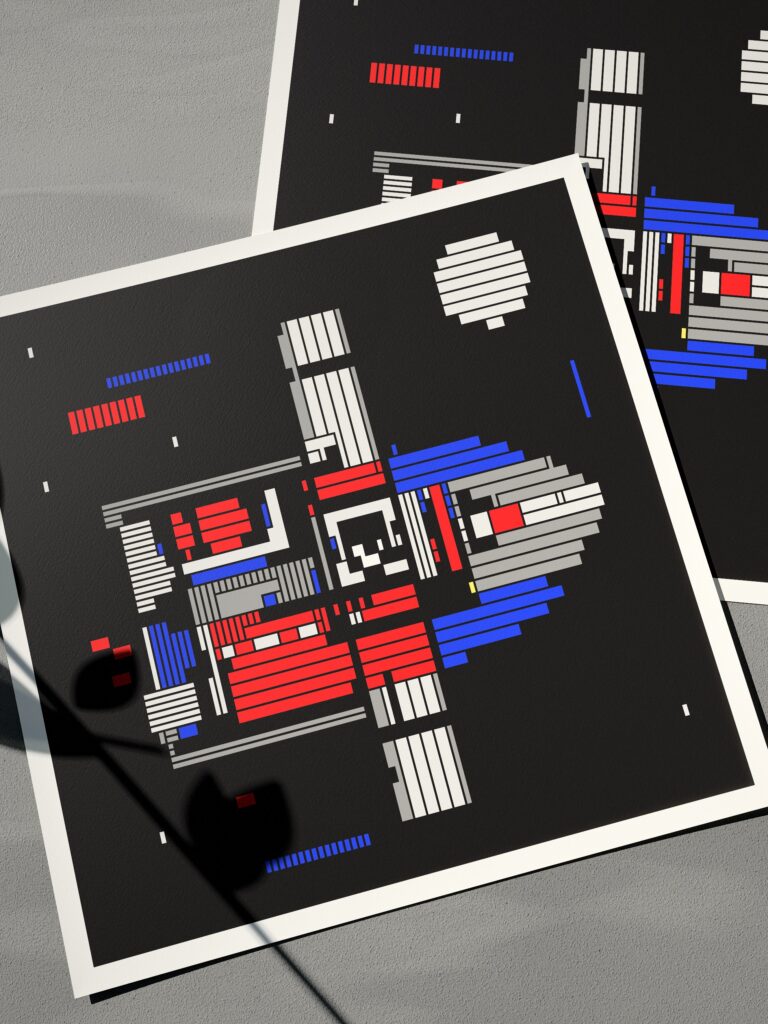 A Rocket #1 fine art print by Zolo Kis — two unframed sheets overlapping on a grey surface