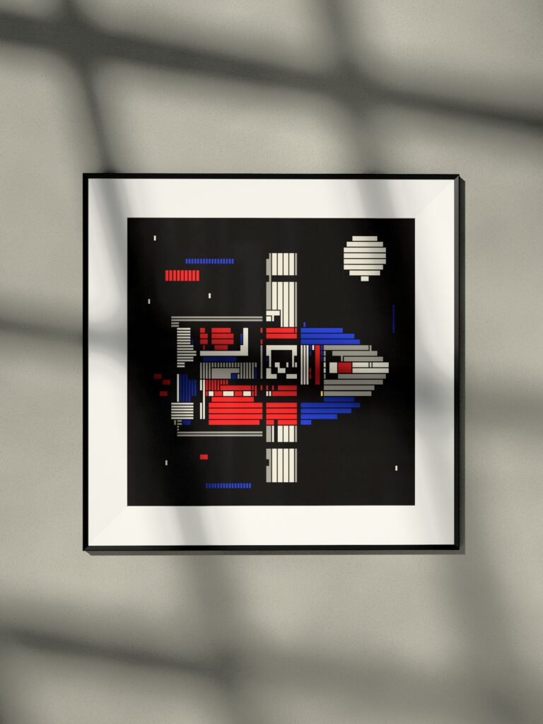 A Rocket #1 by Zolo Kis — framed print of a rocket on black, hanging on a wall in window light