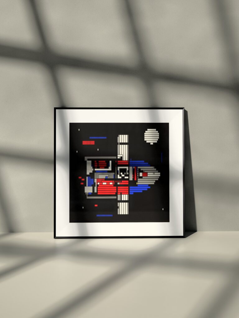 A Rocket #1 fine art print by Zolo Kis — framed with a passe-partout, leaning against a wall on a shelf