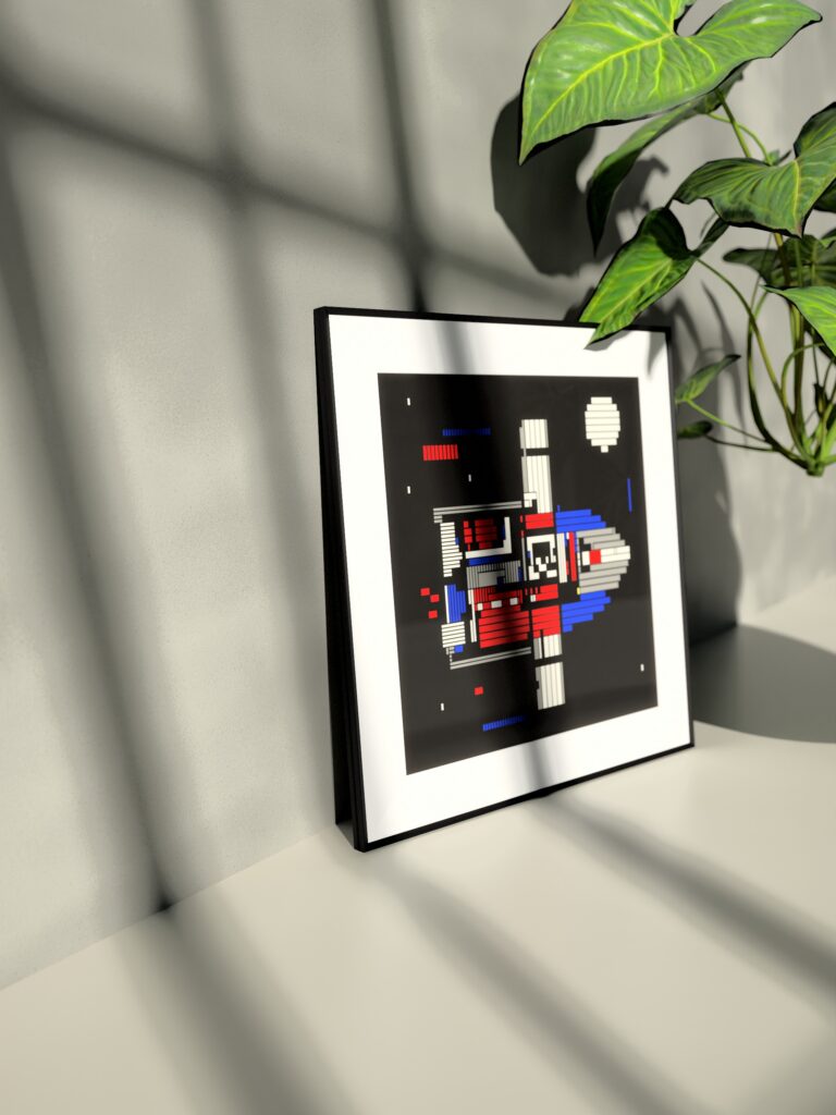 A Rocket #1 fine art print by Zolo Kis — framed with a passe-partout, standing on a shelf next to a green plant