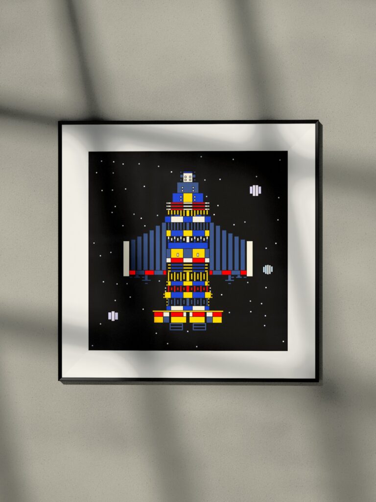 Aster Runner 3 by Zolo Kis — framed print of a rocket on black, hanging on a wall in window light