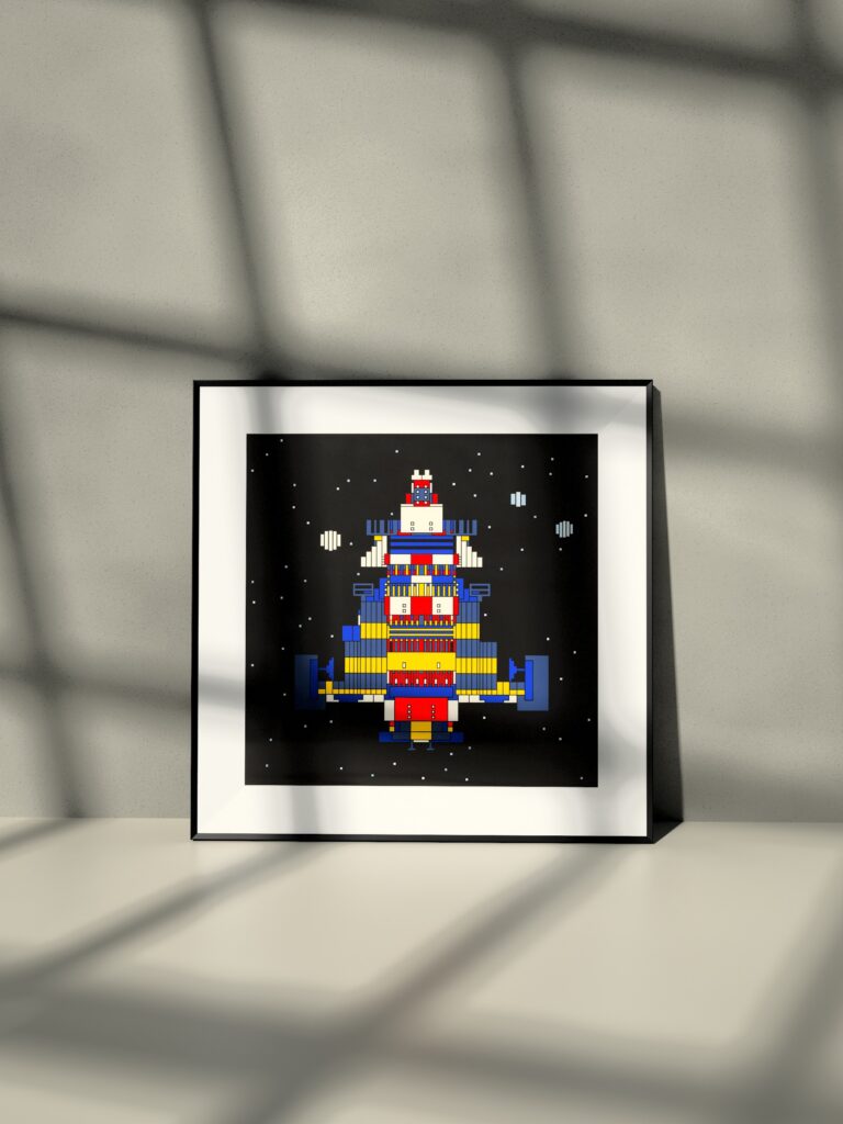 Aster Runner 3 fine art print by Zolo Kis — framed with a passe-partout, leaning against a wall on a shelf