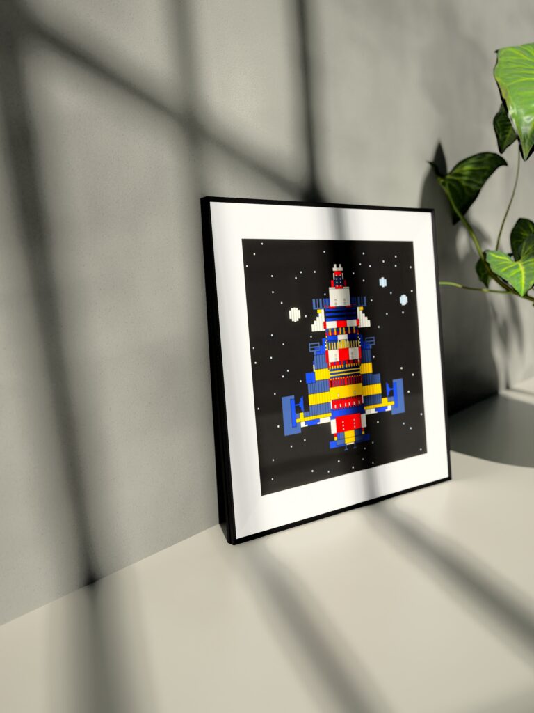 Aster Runner 3 fine art print by Zolo Kis — framed with a passe-partout, standing on a shelf next to a green plant