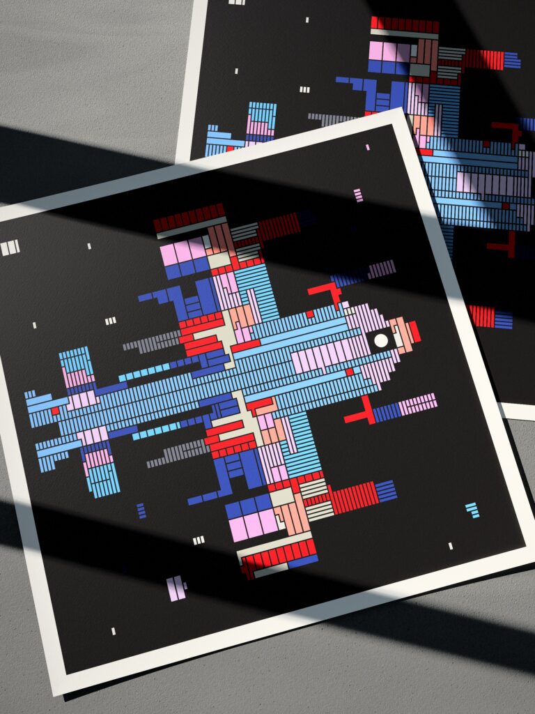 Astra Platform 7CX fine art print by Zolo Kis — two unframed sheets overlapping on a grey surface