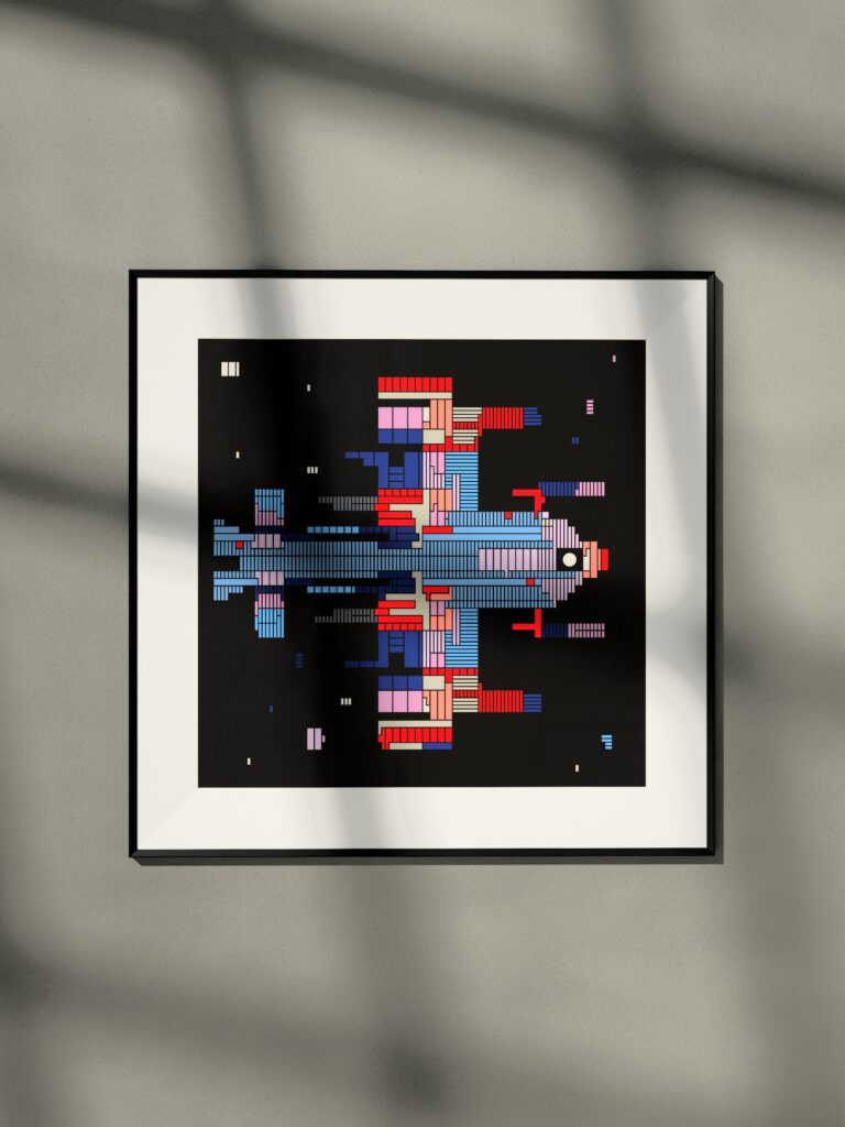 Astra Platform 7CX by Zolo Kis — framed print of a rocket on black, hanging on a wall in window light