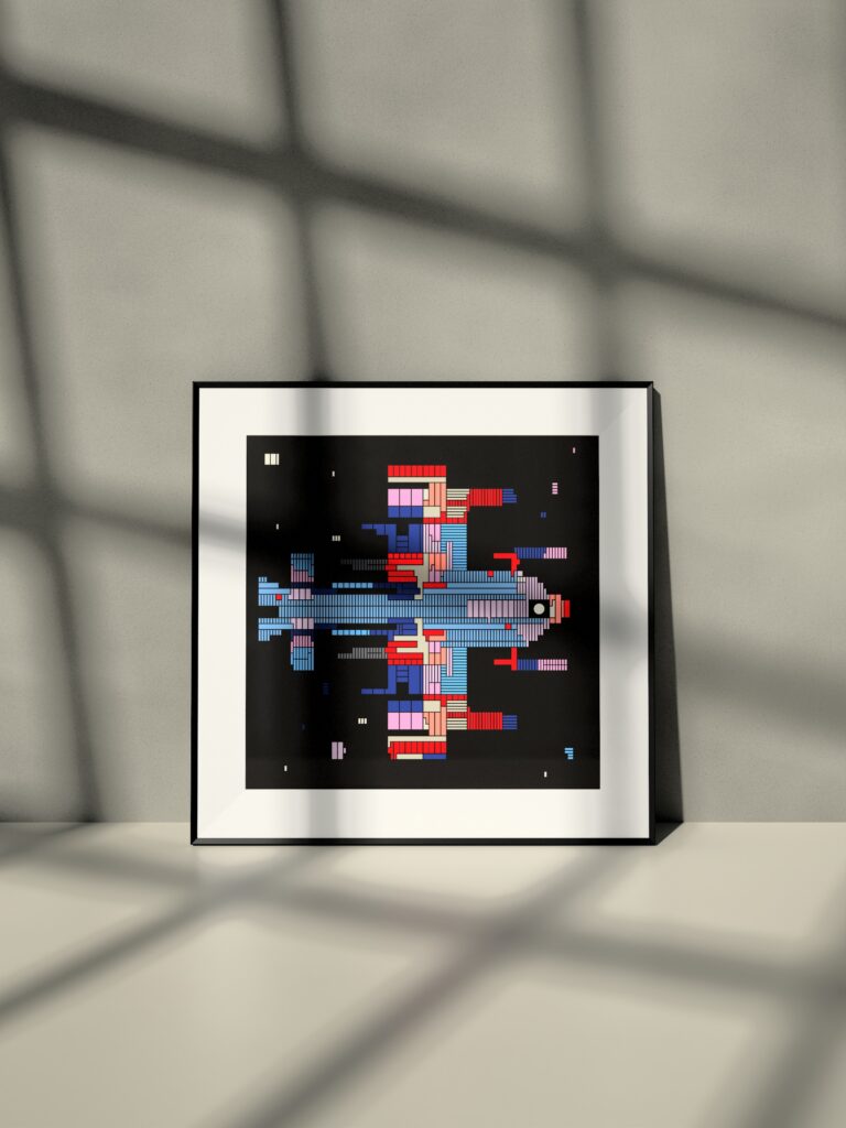 Astra Platform 7CX fine art print by Zolo Kis — framed with a passe-partout, leaning against a wall on a shelf