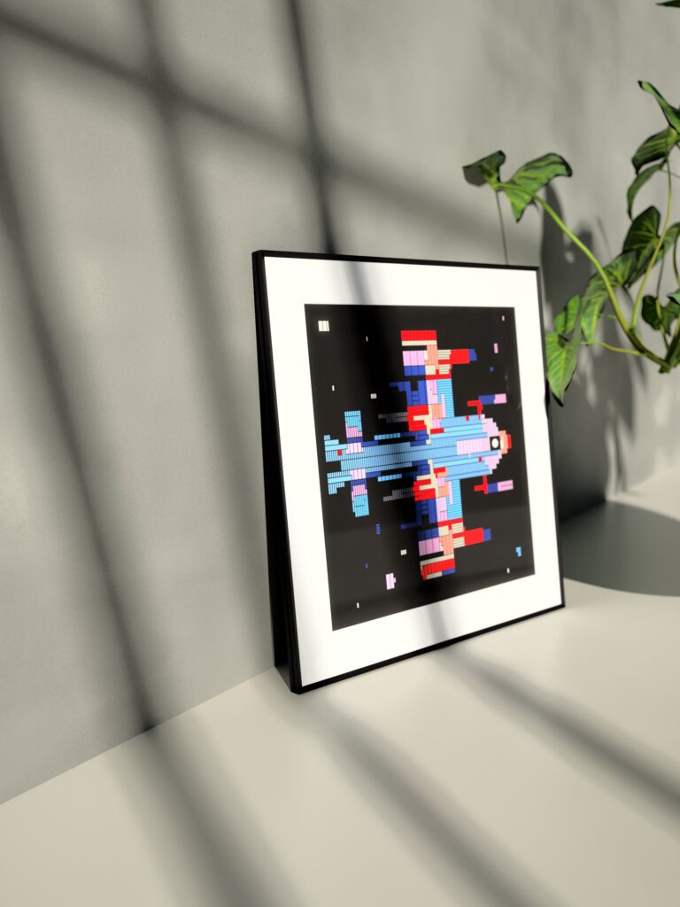 Astra Platform 7CX fine art print by Zolo Kis — framed with a passe-partout, standing on a shelf next to a green plant