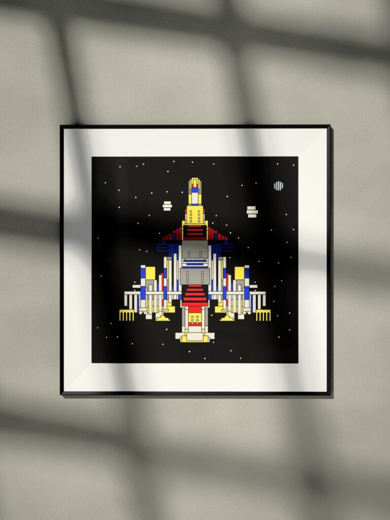 Calla Voyager by Zolo Kis — framed print of a rocket on black, hanging on a wall in window light