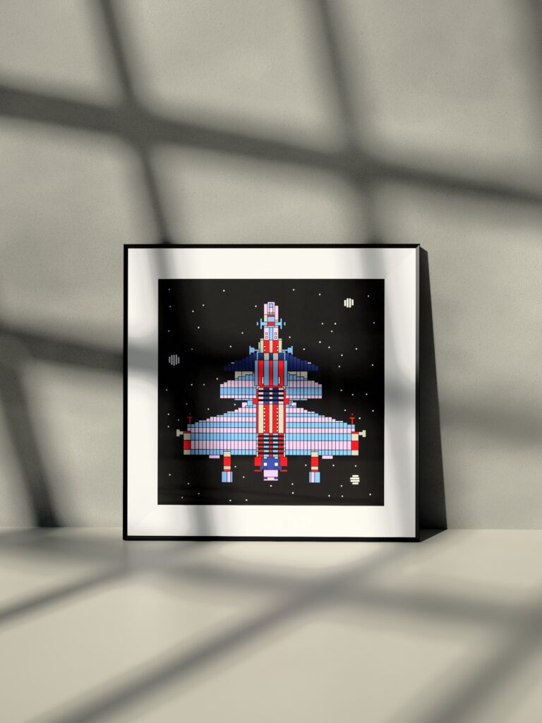Calla Voyager fine art print by Zolo Kis — framed with a passe-partout, leaning against a wall on a shelf
