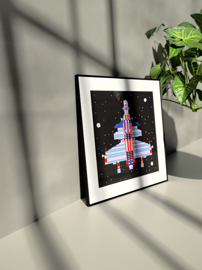 Calla Voyager fine art print by Zolo Kis — framed with a passe-partout, standing on a shelf next to a green plant