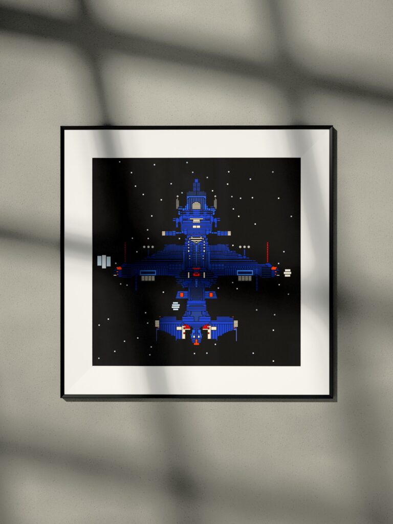 Drift Lantern K2 by Zolo Kis — framed print of a rocket on black, hanging on a wall in window light