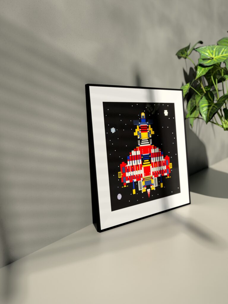 Drift Lantern K2 fine art print by Zolo Kis — framed with a passe-partout, standing on a shelf next to a green plant